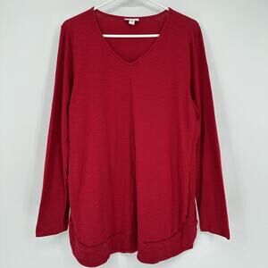 J Jill Shirt Womens Medium Red V Neck Long Sleeve Tunic Top Pockets Soft Knit